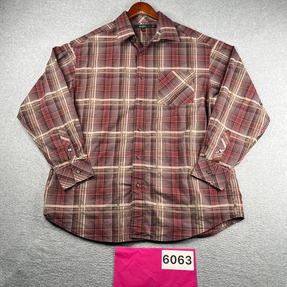 Sean Jean Shirt 2XL Burgundy Plaid Casual Classic Button Up Long Sleeve Mens